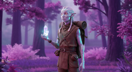 Fototapeta premium Fantasy Elf with Crystal in Magical Forest