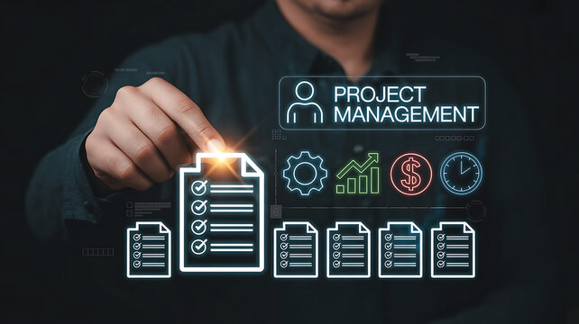 Project management concept with digital icons and a man touching the screen