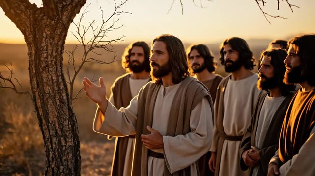 Jesus christ preaching to disciples with tree at sunset. Biblical story of parable of the withered fig tree. Gospel theme.