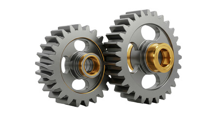 Two Meshing Gears Silver Gold Precision Engineering Interlocking Teeth Mechanical Movement on transparent background