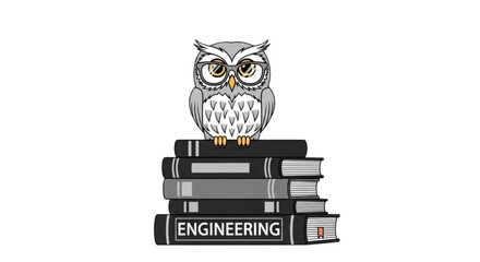 Wise Owl with Glasses Perched on Engineering Books Stack Cartoon Illustration for STEM Education, Mechanical Engineering, Knowledge, Wisdom, Academic Learning, and Technical Study Resources