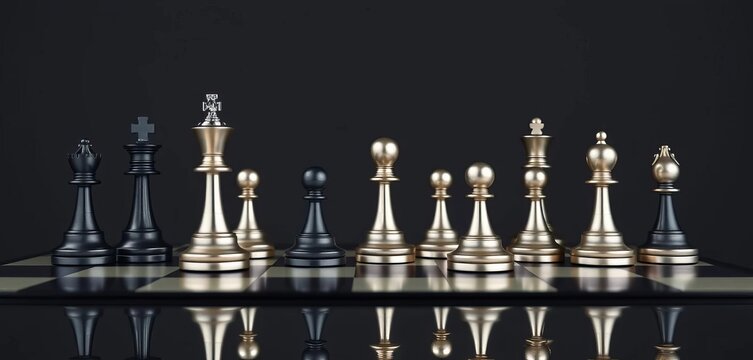 Sleek, minimalist chess pieces in metallic silver and black on a reflective surface,  elegance,  shapes