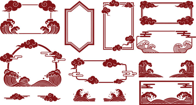 Collection of decorative red chinese style borders and frames