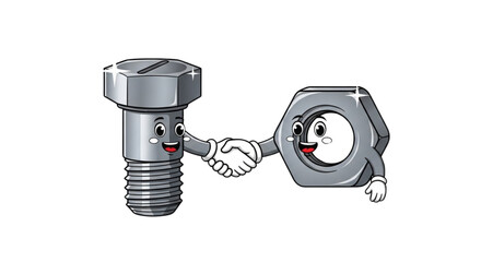 Cute Cartoon Bolt and Nut Characters Shaking Hands Illustration for Mechanical Engineering, Hardware Fasteners, DIY Projects, STEM Education, and Fun Teamwork Concepts