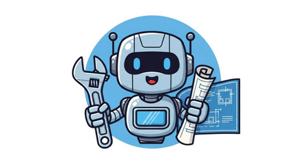 Cute Blue Robot Engineer Holding Wrench and Blueprint Cartoon Illustration for Tech, AI, Robotics, STEM Education, and Engineering Design Projects