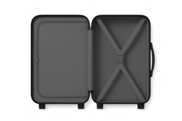 Empty open travel suitcase top view with transparent background