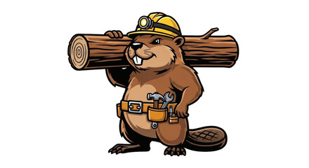 Strong Beaver Builder Carrying Log with Hard Hat, Headlamp, Tool Belt, Hammer, and Wrench Cartoon Illustration for Construction, Woodworking, Civil Engineering, STEM Education, and DIY Projects