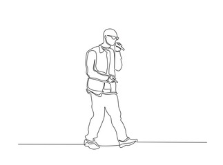 Singer holding microphone singing a song outline draw illustration. Continuous line art drawing of man singing a song. Editable stroke.