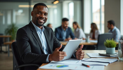 Fototapeta premium African american man smiles holding tablet at modern office desk. Male executive works on laptop with team in background. Successful businessman plans project with digital device.