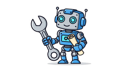 Cute Blue Robot Engineer Holding Wrench and Blueprint Cartoon Illustration for Tech, AI, Robotics, STEM Education, and Engineering Design Projects