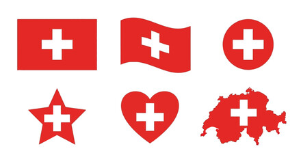Switzerland flag in different shapes national symbol of switzerland in rectangle, wave, circle, star, heart and map shapes