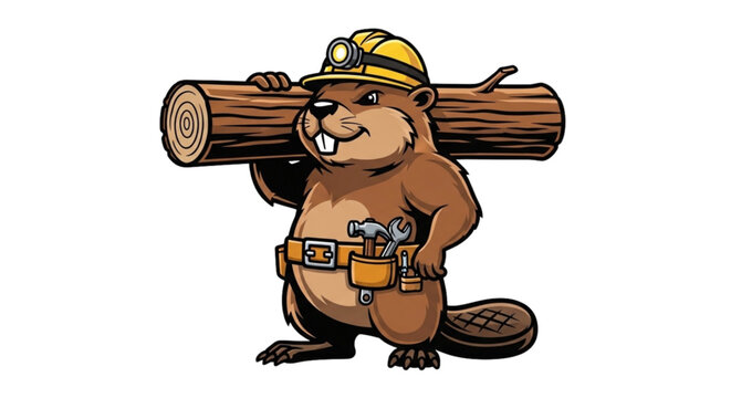 Strong Beaver Builder Carrying Log with Hard Hat, Headlamp, Tool Belt, Hammer, and Wrench Cartoon Illustration for Construction, Woodworking, Civil Engineering, STEM Education, and DIY Projects - Powered by Adobe