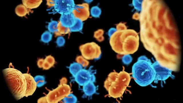 Microscopic view of vibrant orange and blue cells possibly representing cancer cells and immune cells interacting within a biological environment highlighting cellular processes and medical research. - Powered by Adobe