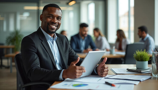 African american man smiles holding tablet at modern office desk. Male executive works on laptop with team in background. Successful businessman plans project with digital device.