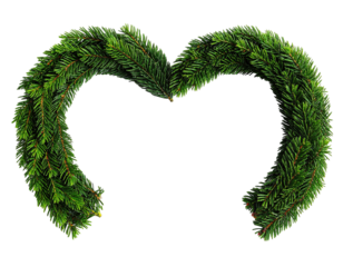 A heart-shaped wreath crafted from lush, green evergreen branches. Black background