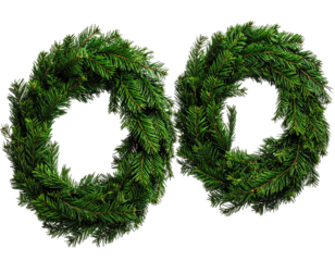 Two identical evergreen wreaths, intricately crafted with vibrant green needles, set against black
