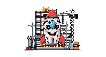 Cute Happy Rocket Under Construction Cartoon Illustration with Scaffolding, Crane, Tools, and Welding for Space Exploration, Aerospace Engineering, STEM Learning, Kids Science, and DIY Rocketry Projec