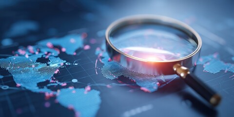 Exploring global connections through a magnifying glass on a digital world map with vibrant data points