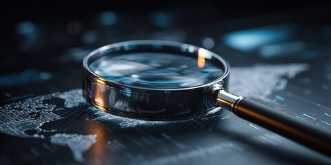 Magnifying glass placed on a world map highlighting global exploration and analysis at night