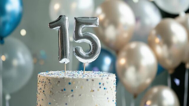 Celebratory 15th birthday with balloons and cake candles in focused sequence