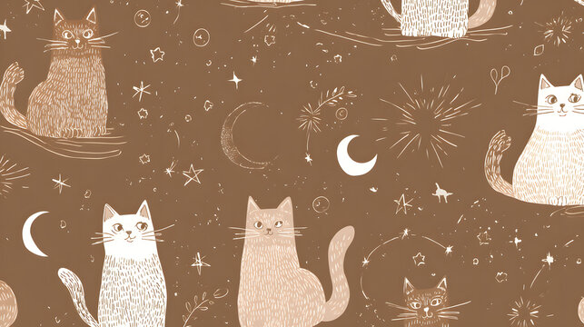 Boho cat background, thin white frame, muted earth tones, line art cats with stars and moons, warm aesthetic for digital wall art. - Powered by Adobe