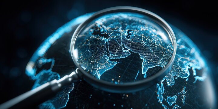 Exploring the world through a magnifying glass with a digital map of continents and cities in focus