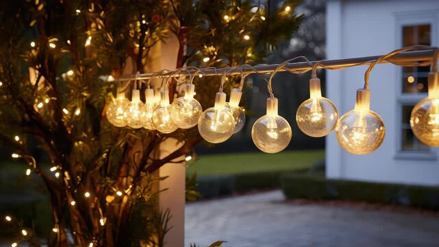 Illuminated outdoor string lights glowing in evening garden setting with twinkling bulbs