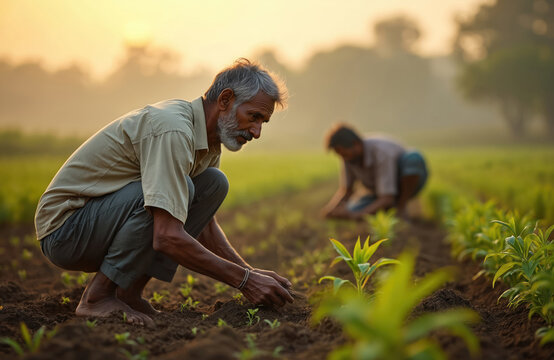 Elderly Indian farmer tends crops in a field at sunrise. Another man works nearby. They cultivate young plants in rich soil. Sunlight illuminates the misty morning agriculture scene.