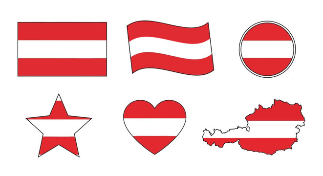 Collection of austrian flag in various shapes, including rectangle, wave, circle, star, heart and country map