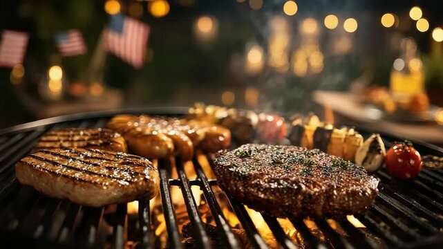 Juicy summer bbq: gourmet grilling with burgers, sausages, and grilled vegetables. 4th of July, USA Independence Day