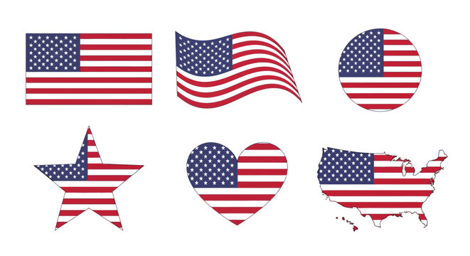Collection of american flag in various shapes, including rectangle, wave, circle, star, heart and country map