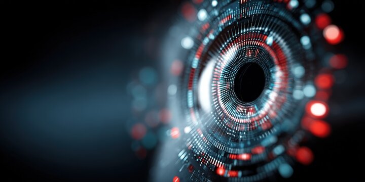 Colorful digital patterns swirl around a central dark void in an abstract background design