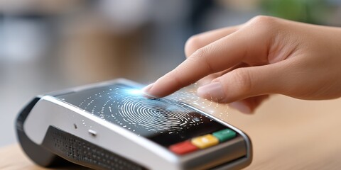 Finger touches payment terminal for contactless transaction in modern retail setting