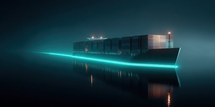 Cargo ship illuminated by neon lights navigates through fog at night on tranquil waters