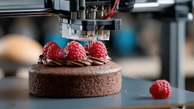 Precision culinary technology: automated dessert decoration with chocolate and raspberries