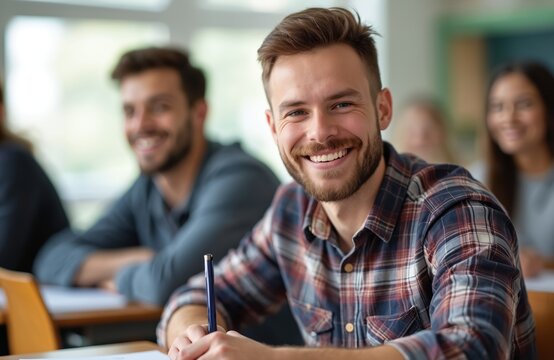 Young man smiles in college classroom while classmates study. He looks at camera, holding pen ready to write. Education, learning, and campus life.