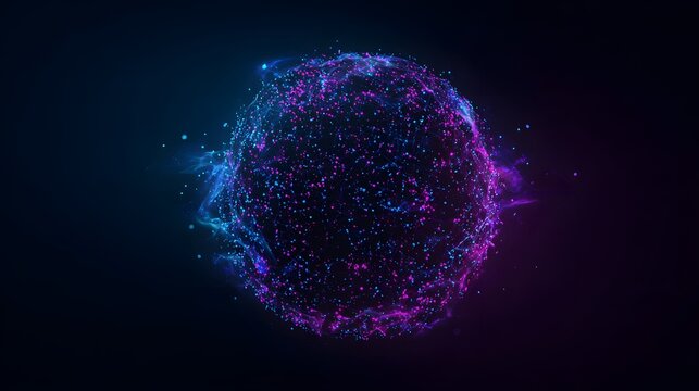 Abstract sphere composed of glowing particles rotates against a dark background - Powered by Adobe