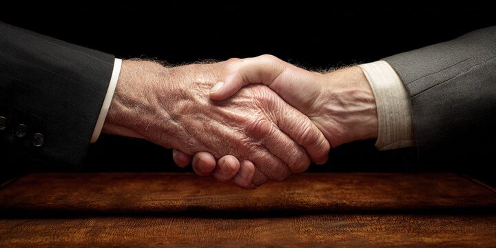 Hands meet in a firm handshake signaling agreement and partnership between two professionals in a business setting