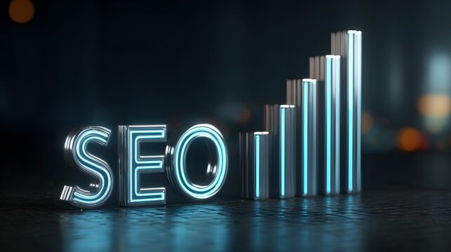 Illuminated three dimensional abbreviation rests beside a rising bar chart symbolizing digital optimization progress - Powered by Adobe
