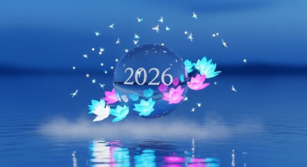 A glowing crystal sphere engraved with 2026 floats above shimmering water, surrounded by neon lotus petals and holographic fireflies.
