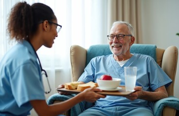 Obraz premium Young caregiver brings meal tray to happy elderly man in armchair. Nurse helps senior patient eat lunch indoors. Elder receives food service assistance, care.