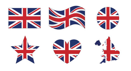 Set of united kingdom flag icons in various shapes, including square, waving, circle, star, heart and map shapes