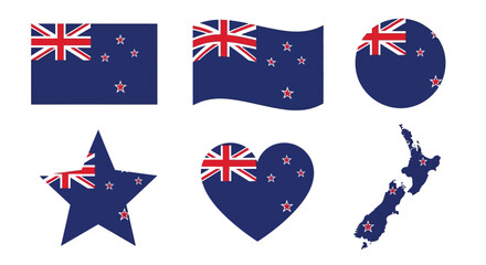 New zealand flag in different shapes national flag in rectangle, wave, circle, star, heart and map shapes vector illustration