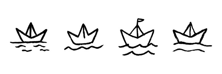 Fototapeta premium Paper Boat Line Icon Set In Doodle Style. Origami, Creativity, And Childhood Playfulness Outline Sketch Collection. Nautical Adventure And Imagination. Hand Drawn Isolated Vector Illustration