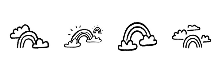 Obraz premium Rainbows And Clouds Line Icon Set In Doodle Style. Weather, Hope, And Positivity Symbols Outline Sketch Collection. Hand Drawn Isolated Vector Illustration
