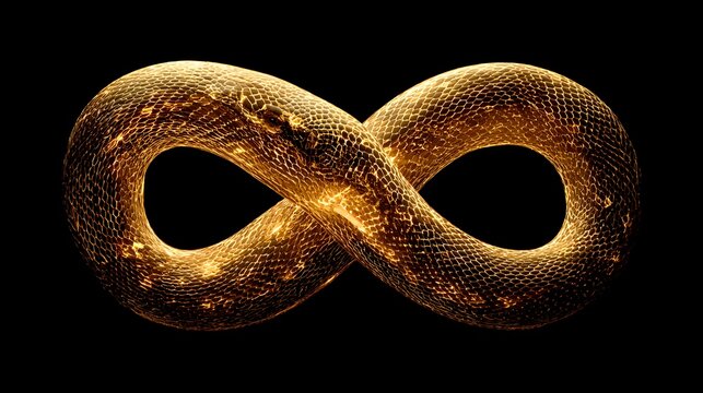 Glowing golden reptile scales form a continuous symbol of endless recurrence against a dark background.