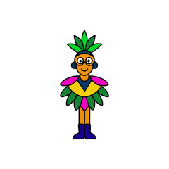Cartoon character in colorful costume with feather headdress and boots