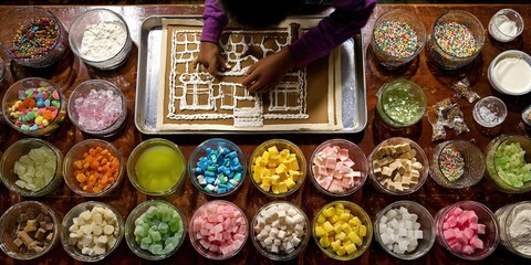 Fototapeta premium Creative gingerbread house building activity with colorful candies and decorations in a cozy kitchen