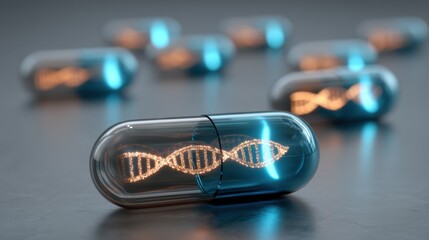 Transparent capsules containing glowing DNA strands on a sleek surface, representing biotechnology and genetic innovation