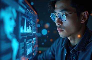 Young Asian man wears glasses, looks at screen with charts and data analysis. Programmer works at night with futuristic interface on computer display. Tech professional analyzes information.